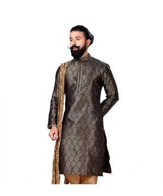 Men Jacquard Silk Woven Navy Blue Embellished Kurta 4
