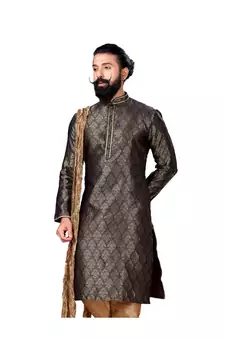 Men Jacquard Silk Woven Navy Blue Embellished Kurta