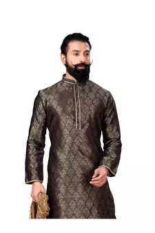 Men Jacquard Silk Woven Navy Blue Embellished Kurta