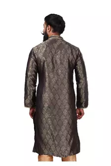Men Jacquard Silk Woven Navy Blue Embellished Kurta
