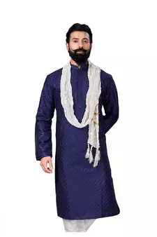 Men Dupion Silk Woven Navy Blue Embroidred Designer Kurta