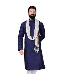 Men Dupion Silk Woven Navy Blue Embroidred Designer Kurta