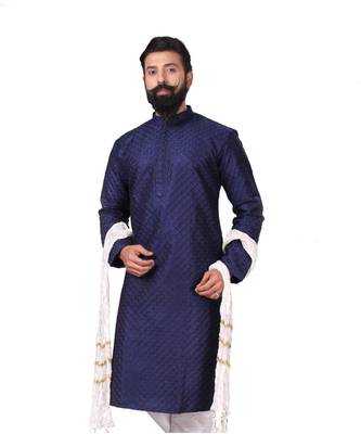Men Dupion Silk Woven Navy Blue Embroidred Designer Kurta 3
