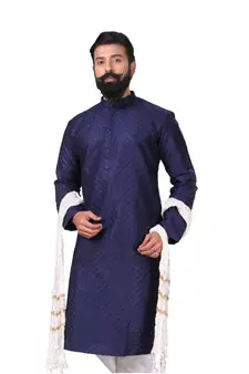 Men Dupion Silk Woven Navy Blue Embroidred Designer Kurta