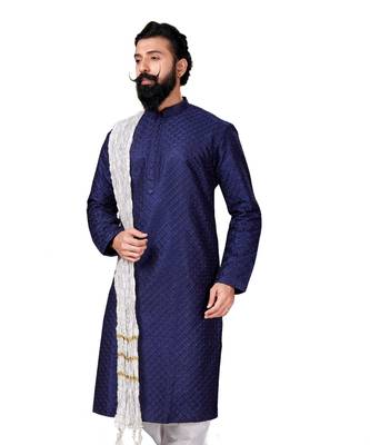 Men Dupion Silk Woven Navy Blue Embroidred Designer Kurta 4