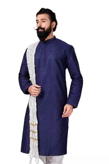 Men Dupion Silk Woven Navy Blue Embroidred Designer Kurta