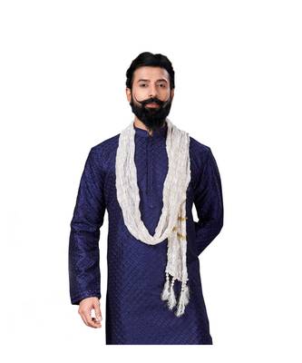 Men Dupion Silk Woven Navy Blue Embroidred Designer Kurta 5