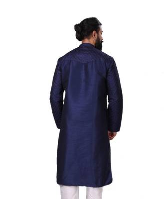 Men Dupion Silk Woven Navy Blue Embroidred Designer Kurta 6