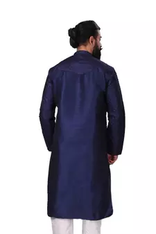 Men Dupion Silk Woven Navy Blue Embroidred Designer Kurta