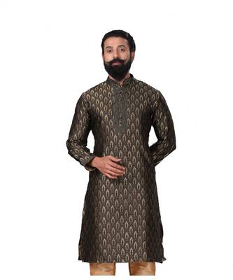 Men Jacquard Silk Woven Black Embellished Kurta 2