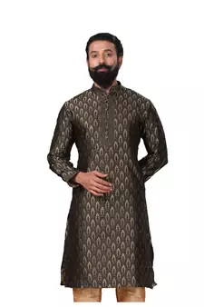 Men Jacquard Silk Woven Black Embellished Kurta