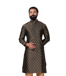Men Jacquard Silk Woven Black Embellished Kurta