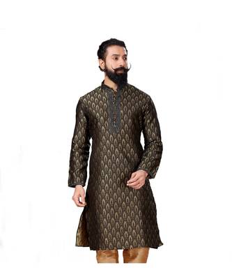 Men Jacquard Silk Woven Black Embellished Kurta 3