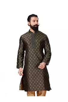Men Jacquard Silk Woven Black Embellished Kurta