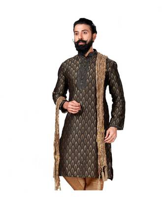 Men Jacquard Silk Woven Black Embellished Kurta 4