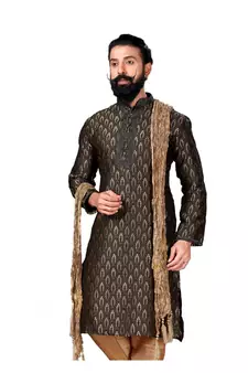 Men Jacquard Silk Woven Black Embellished Kurta