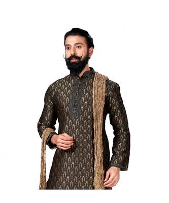 Men Jacquard Silk Woven Black Embellished Kurta 5