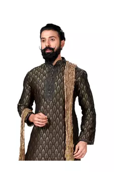 Men Jacquard Silk Woven Black Embellished Kurta