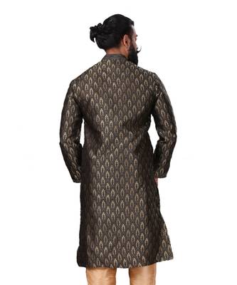 Men Jacquard Silk Woven Black Embellished Kurta 6