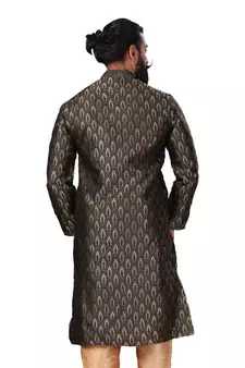 Men Jacquard Silk Woven Black Embellished Kurta