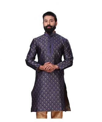 Men Jacquard Silk Woven Navy Blue Embellished Kurta 1