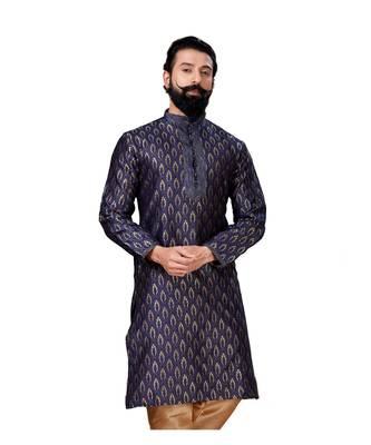 Men Jacquard Silk Woven Navy Blue Embellished Kurta 2