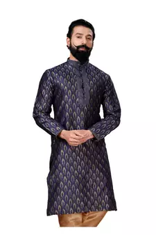 Men Jacquard Silk Woven Navy Blue Embellished Kurta