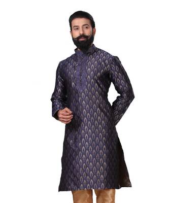 Men Jacquard Silk Woven Navy Blue Embellished Kurta 3
