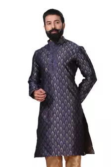 Men Jacquard Silk Woven Navy Blue Embellished Kurta