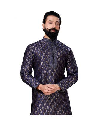 Men Jacquard Silk Woven Navy Blue Embellished Kurta 4