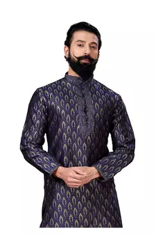 Men Jacquard Silk Woven Navy Blue Embellished Kurta