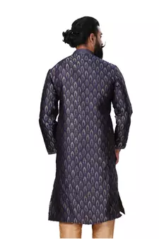 Men Jacquard Silk Woven Navy Blue Embellished Kurta