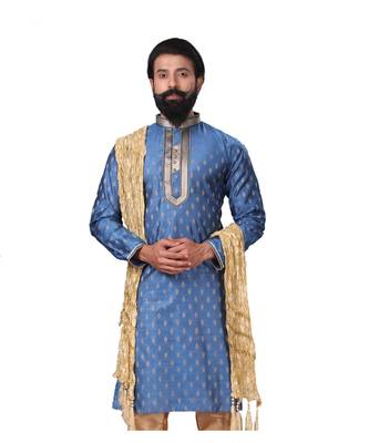 Men Blue Dupion Silk Woven Zari Buta Designer Kurta 2