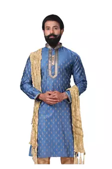 Men Blue Dupion Silk Woven Zari Buta Designer Kurta