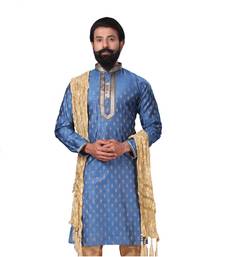 Men Blue Dupion Silk Woven Zari Buta Designer Kurta