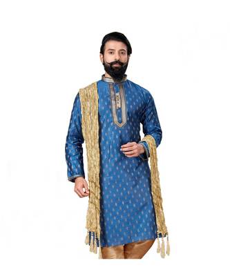 Men Blue Dupion Silk Woven Zari Buta Designer Kurta 3