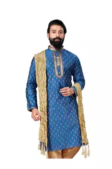 Men Blue Dupion Silk Woven Zari Buta Designer Kurta