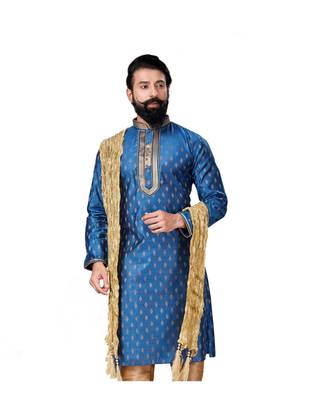 Men Blue Dupion Silk Woven Zari Buta Designer Kurta 4