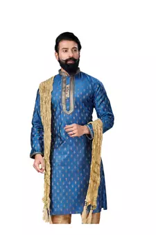 Men Blue Dupion Silk Woven Zari Buta Designer Kurta