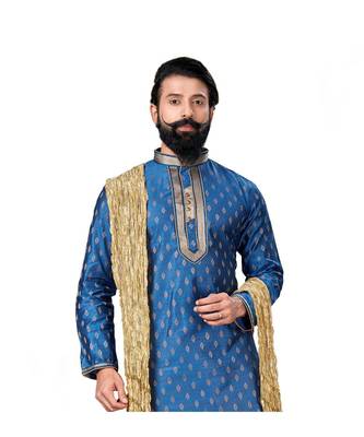 Men Blue Dupion Silk Woven Zari Buta Designer Kurta 5