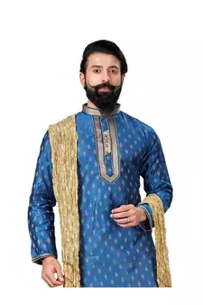 Men Blue Dupion Silk Woven Zari Buta Designer Kurta