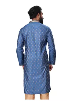 Men Blue Dupion Silk Woven Zari Buta Designer Kurta