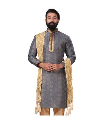 Men Jacquard Silk Woven Blue Embellished Kurta 2