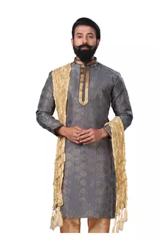 Men Jacquard Silk Woven Blue Embellished Kurta