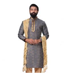 Men Jacquard Silk Woven Blue Embellished Kurta