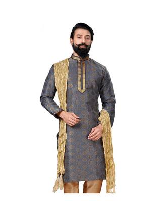 Men Jacquard Silk Woven Blue Embellished Kurta 3
