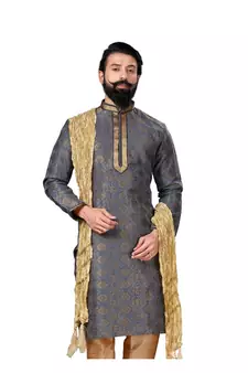 Men Jacquard Silk Woven Blue Embellished Kurta