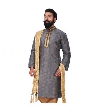 Men Jacquard Silk Woven Blue Embellished Kurta 4
