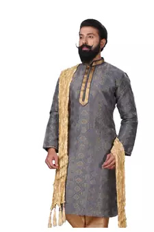 Men Jacquard Silk Woven Blue Embellished Kurta