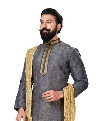 Men Jacquard Silk Woven Blue Embellished Kurta 5